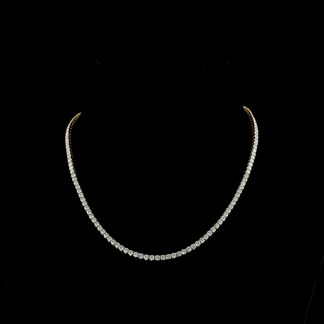 Lab-Grown 10.59 Carat Round E-VS Diamond 14K Yellow Gold Tennis Necklace
