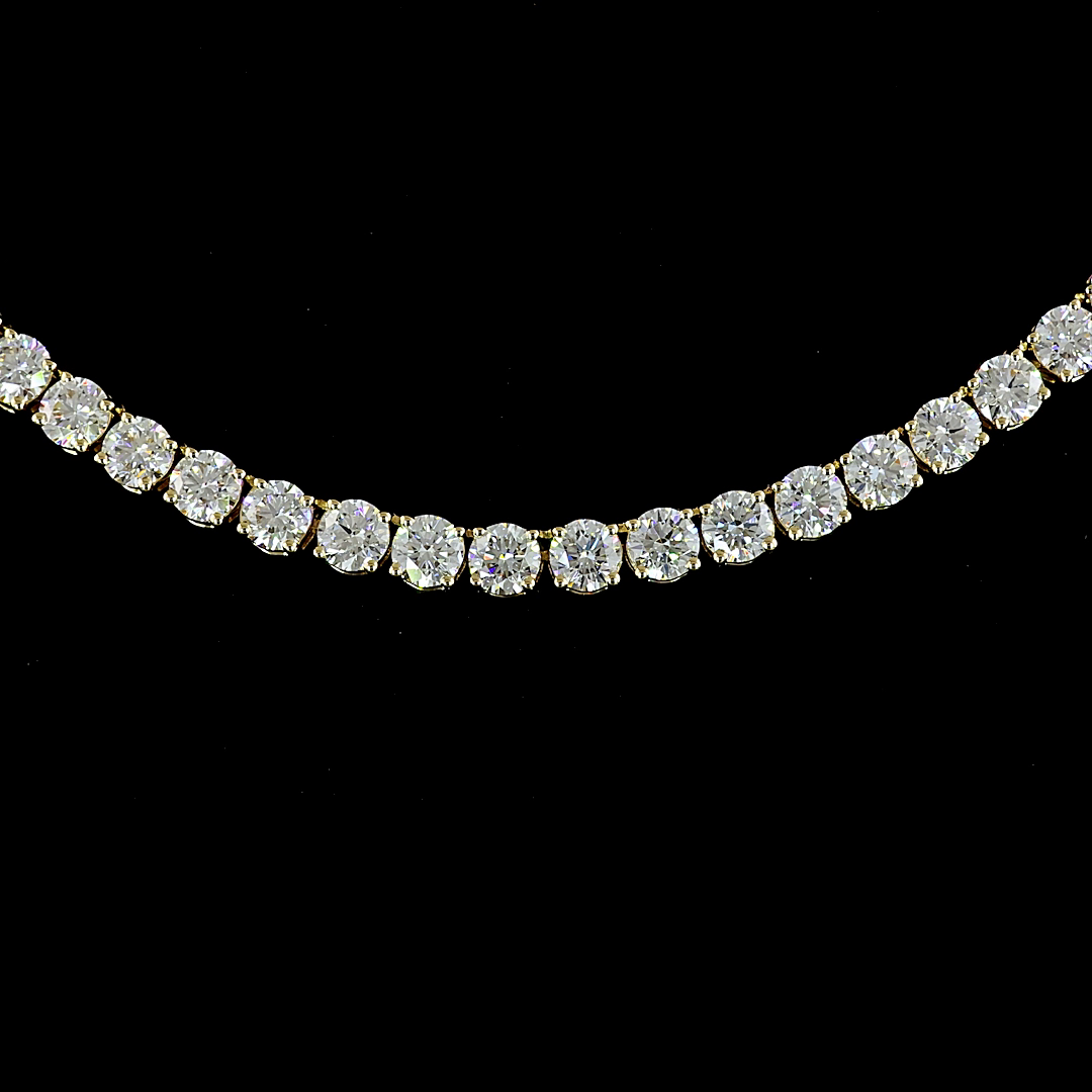 Lab-Grown 10.59 Carat Round E-VS Diamond 14K Yellow Gold Tennis Necklace