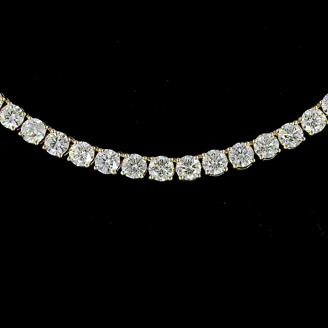 Lab-Grown 9.53 Carat Round E-VS Diamond 14K Yellow Gold Tennis Necklace