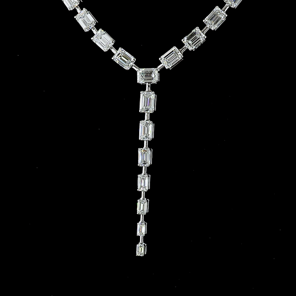 Lab-Grown 25.03 Carat Emerald E-VS Diamond 14K White Gold Lariat Necklace