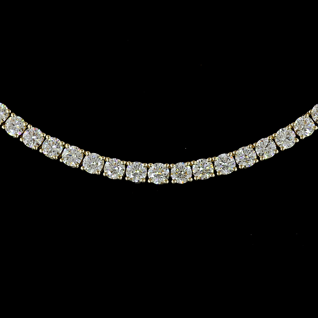 Lab-Grown 9.37 Carat Round E-VS Diamond 14K Yellow Gold Tennis Necklace