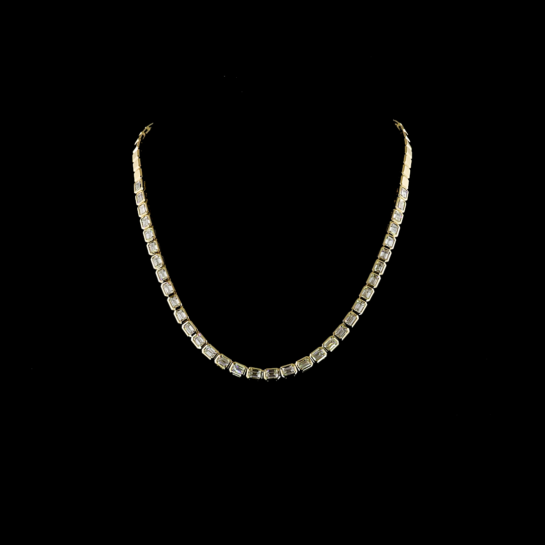 Lab-Grown 9.85 Carat Emerald E-F- Diamond 14K Yellow Gold Tennis Necklace