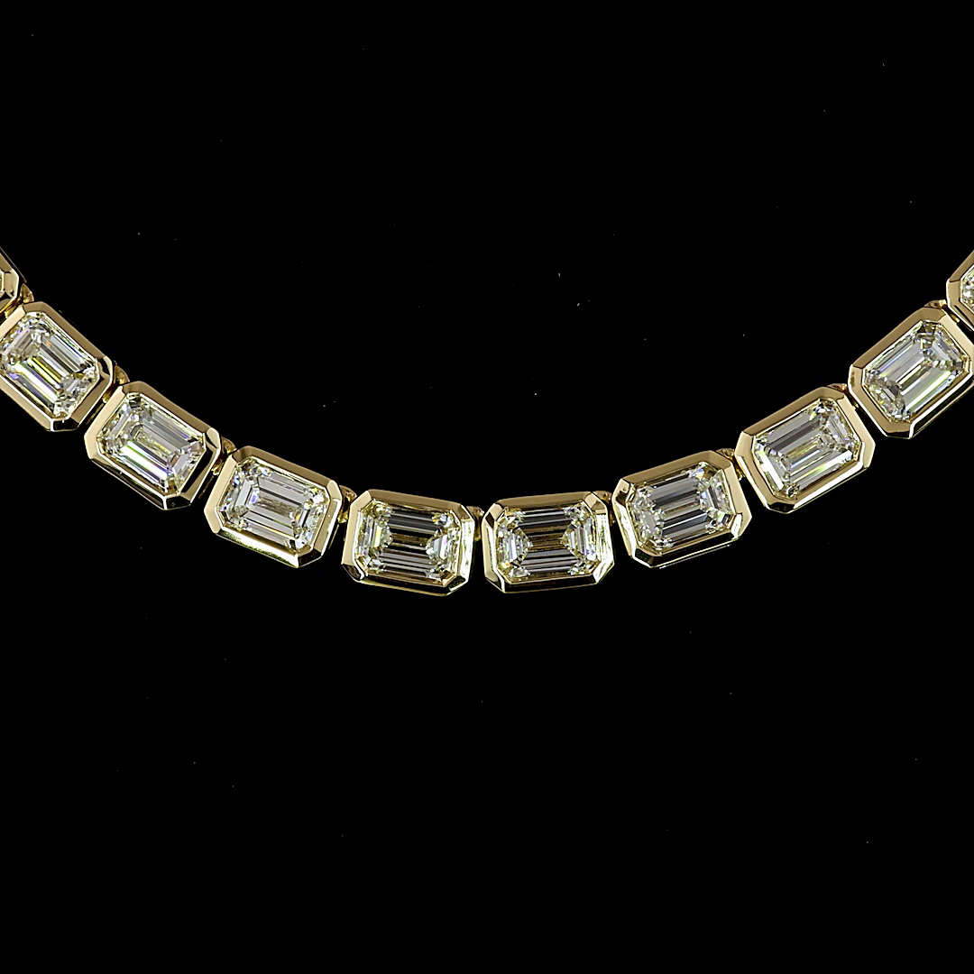 Lab-Grown 9.85 Carat Emerald E-F- Diamond 14K Yellow Gold Tennis Necklace