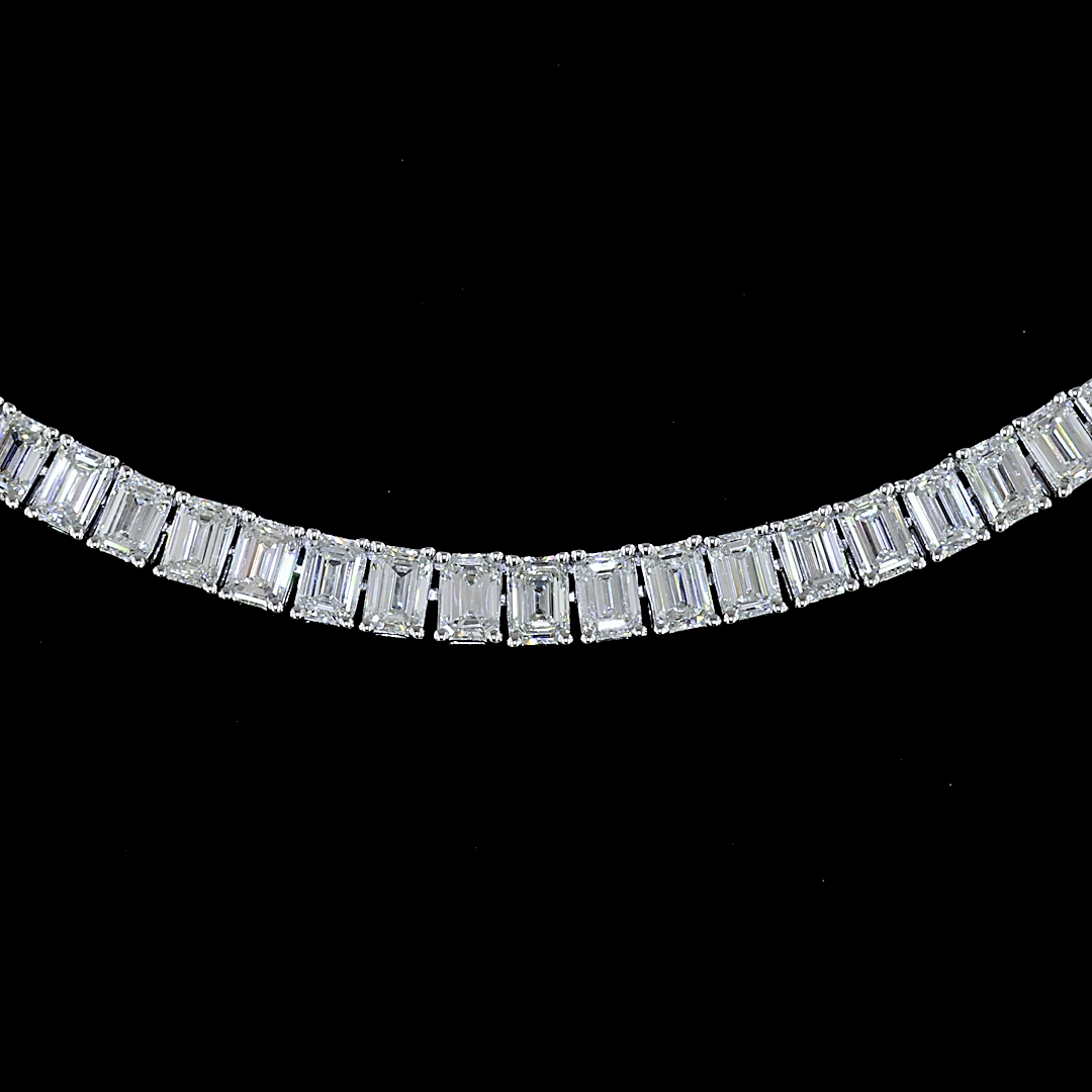 Lab-Grown 12.24 Carat Emerald E-VS Diamond 14K White Gold Tennis Necklace
