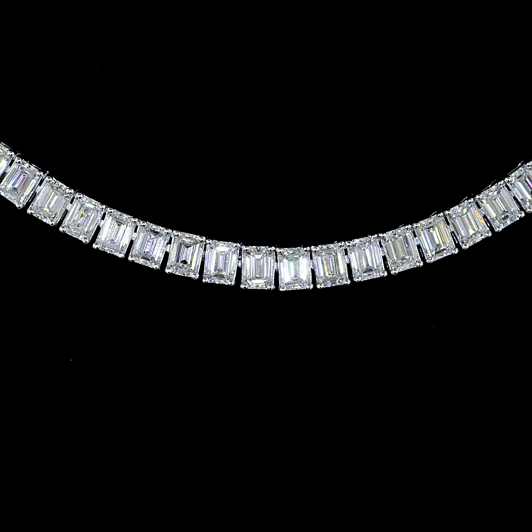Lab-Grown 11.15 Carat Emerald E-VS Diamond 14K White Gold Tennis Necklace