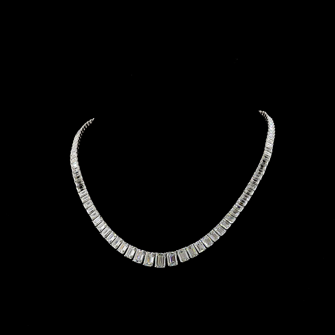 Lab-Grown 47.16 Carat Emerald E-VS2 Diamond 14K White Gold Riviera Necklace