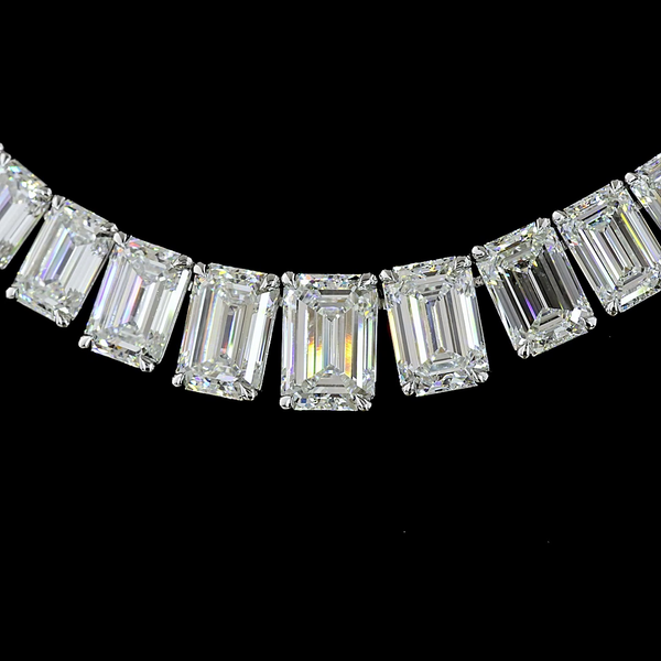 Lab-Grown 47.16 Carat Emerald E-VS2 Diamond 14K White Gold Riviera Necklace