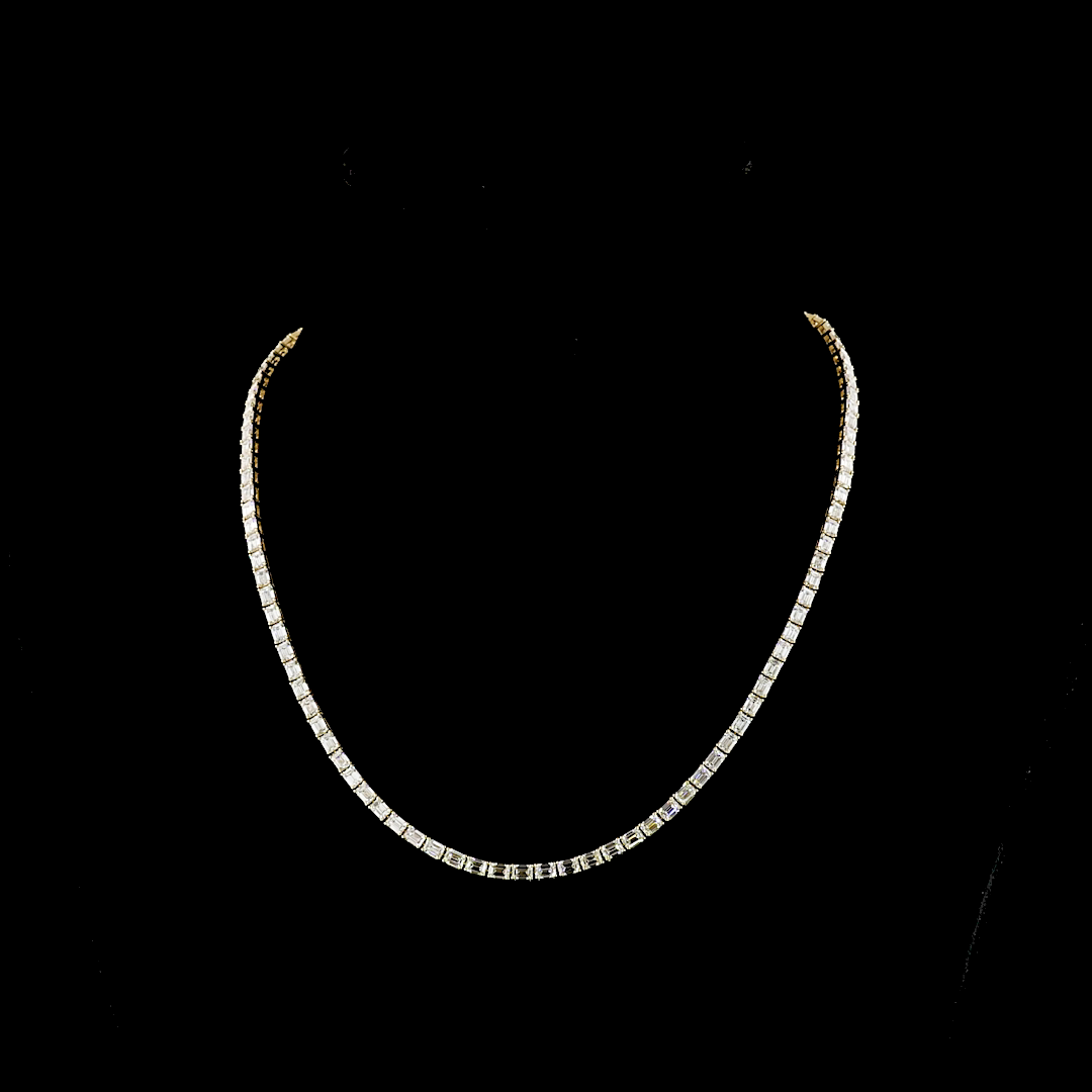 Lab-Grown 15.62 Carat Emerald E-VS Diamond 14K Yellow Gold Tennis Necklace