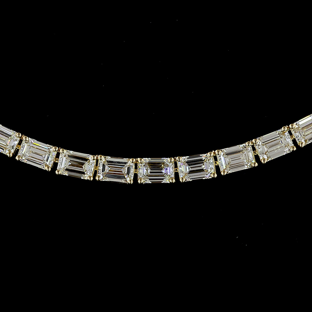 Lab-Grown 15.62 Carat Emerald E-VS Diamond 14K Yellow Gold Tennis Necklace