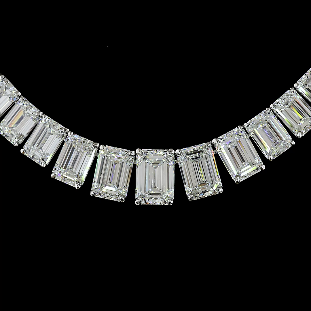 Lab-Grown 46.04 Carat Emerald E-VS2 Diamond 14K White Gold Riviera Necklace