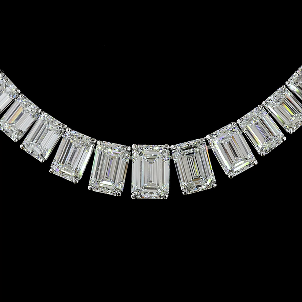 Lab-Grown 46.04 Carat Emerald E-VS2 Diamond 14K White Gold Riviera Necklace