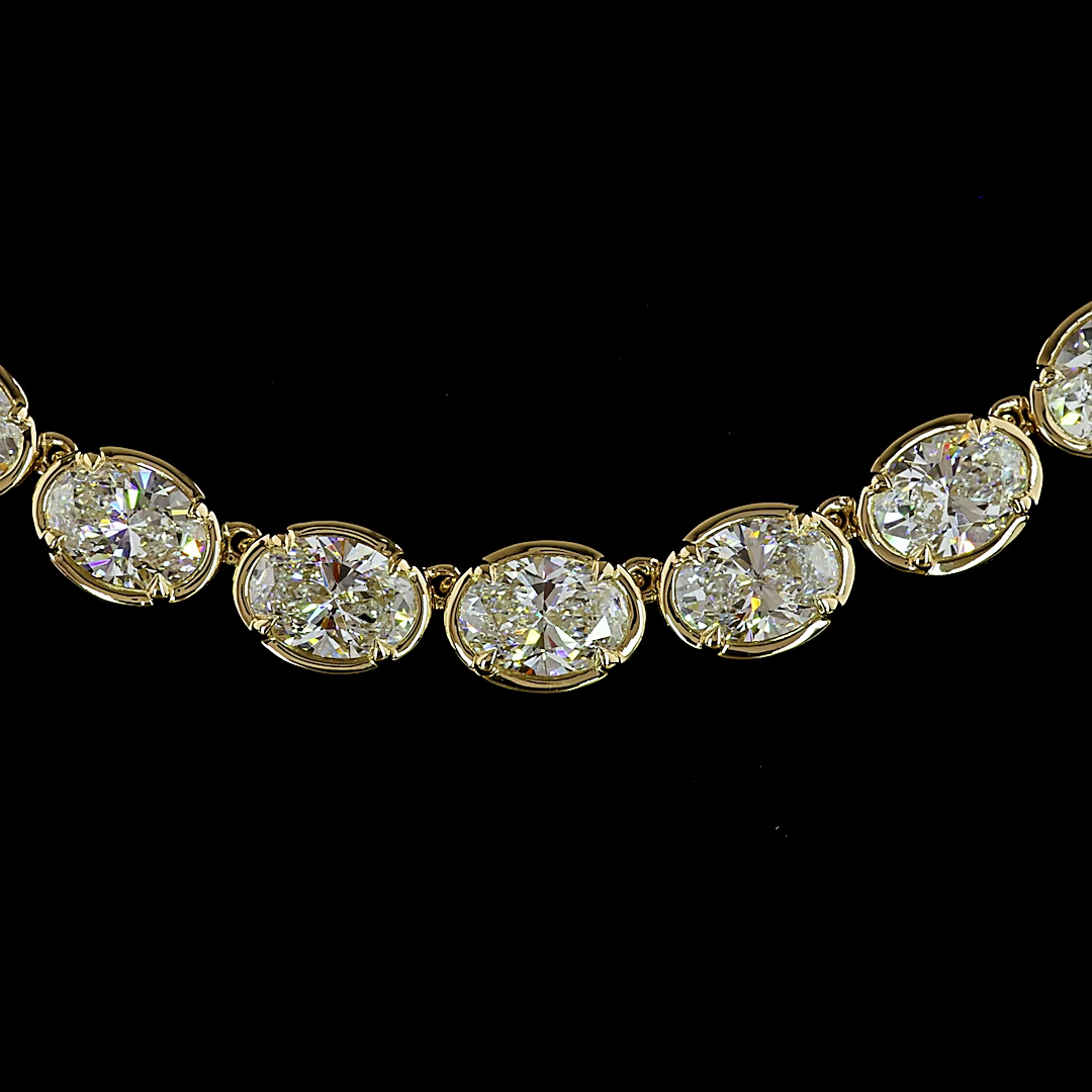 Lab-Grown 35.2 Carat Oval E-F-VS Diamond 14K Yellow Gold Tennis Necklace