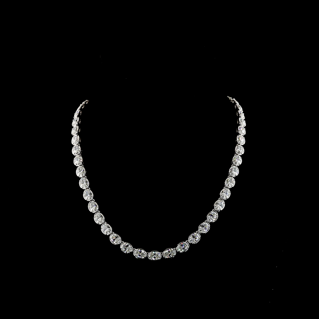 Lab-Grown 35.36 Carat Oval E-F-VS1 Diamond 14K White Gold Tennis Necklace