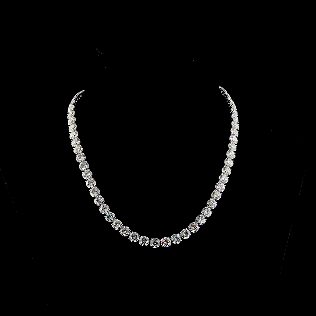 Lab-Grown 64.86 Carat Round E-F-VS1 Diamond 14K White Gold Tennis Necklace