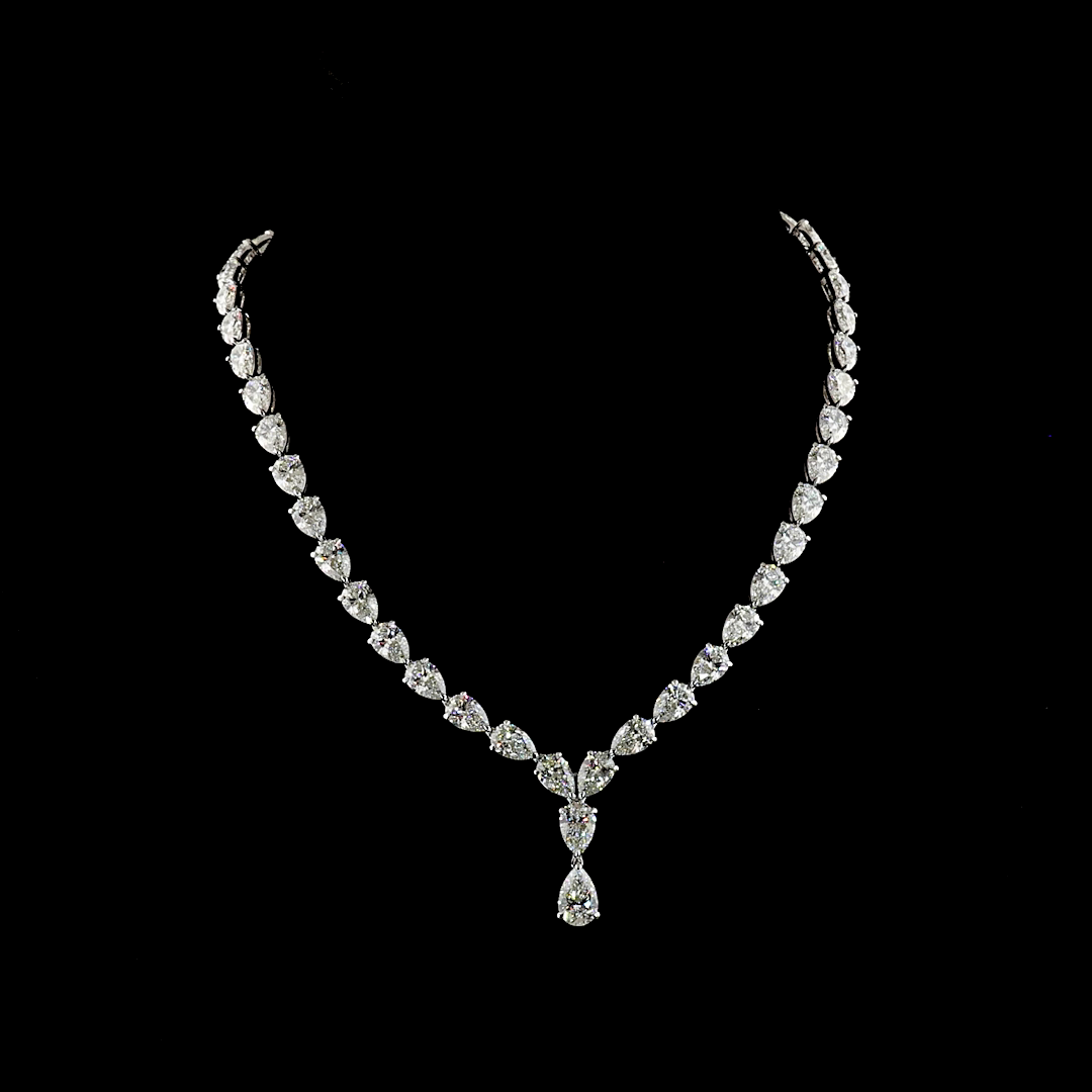 Lab-Grown 48.98 Carat Pear E-F-VVS2 Diamond 14K White Gold Tennis Necklace