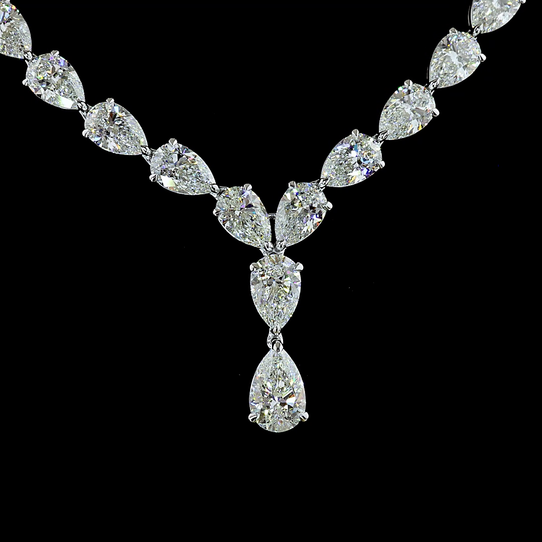 Lab-Grown 48.98 Carat Pear E-F-VVS2 Diamond 14K White Gold Tennis Necklace