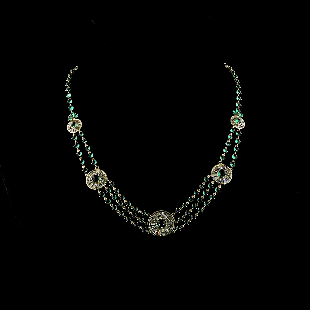 Lab-Grown 7.69 Carat Round Green Emerald Diamond 14K YG Statement Necklace