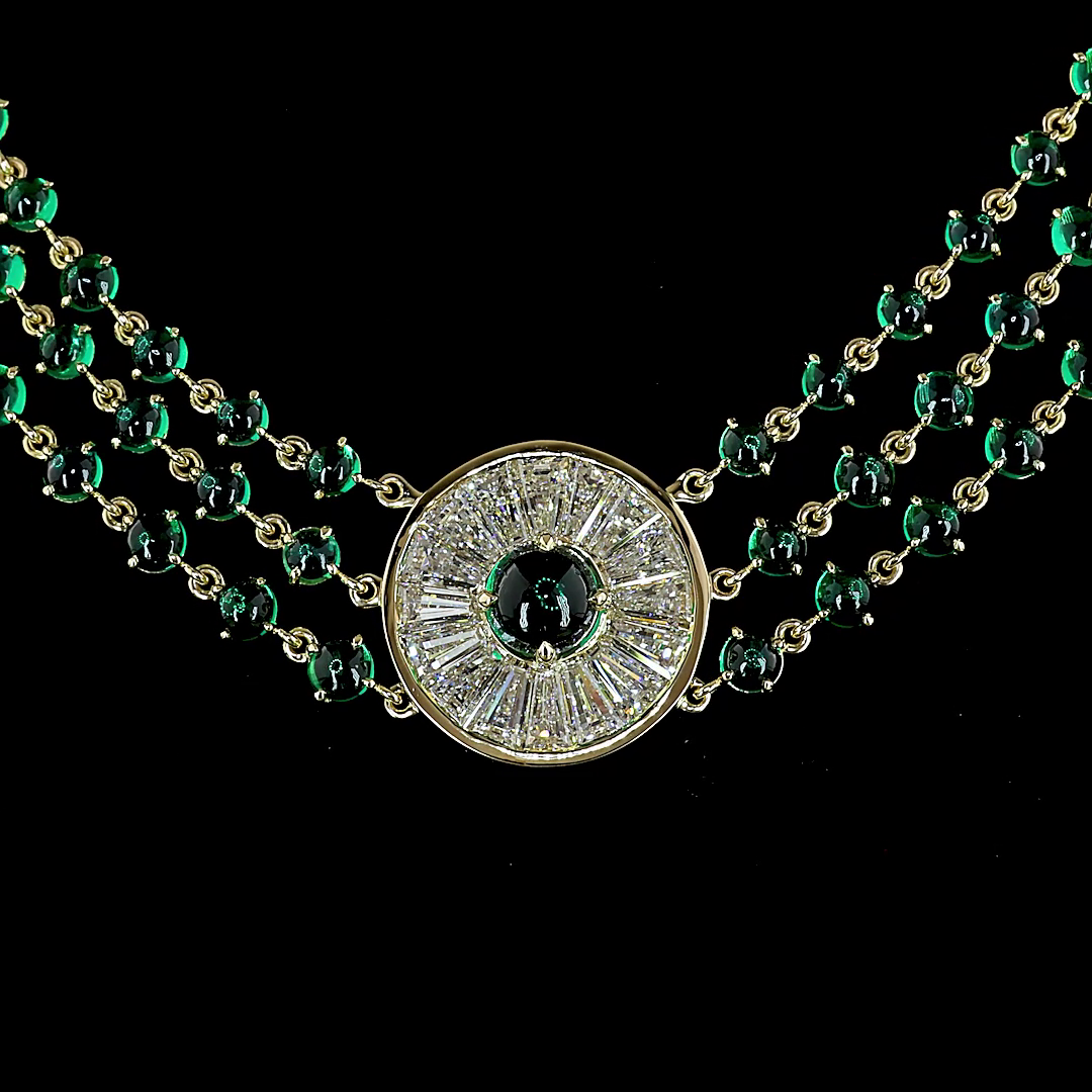 Lab-Grown 7.69 Carat Round Green Emerald Diamond 14K YG Statement Necklace