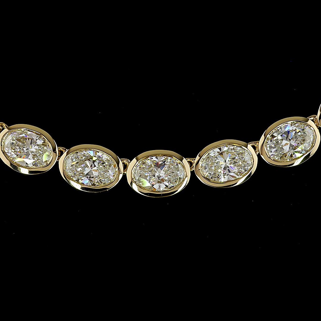 Lab-Grown 27.47 Carat Oval E-F-VVS2 Diamond 14K Yellow Gold Tennis Necklace