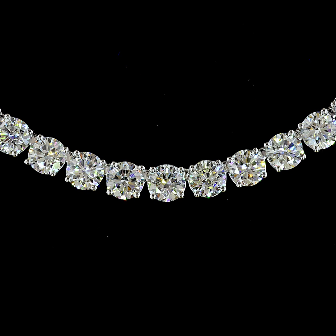 Lab-Grown 24.67 Carat Round E-F-VS2 Diamond 14K White Gold Tennis Necklace