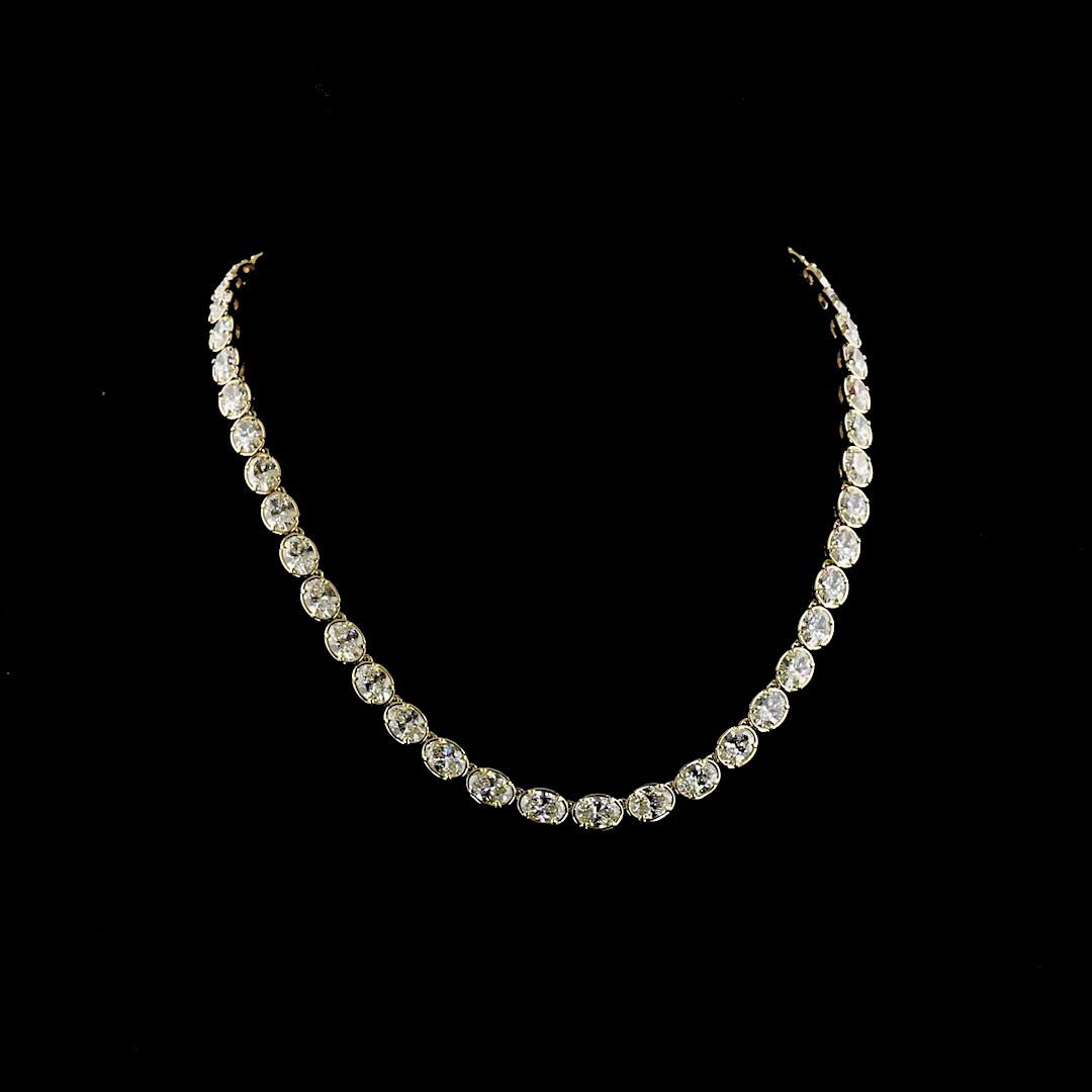 Lab-Grown 36.4 Carat Oval E-F-VS Diamond 14K Yellow Gold Tennis Necklace