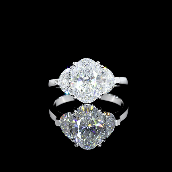 Lab-Grown 2.81 Carat Oval E-SI1 Diamond 14K White Gold 3 Stones Ring