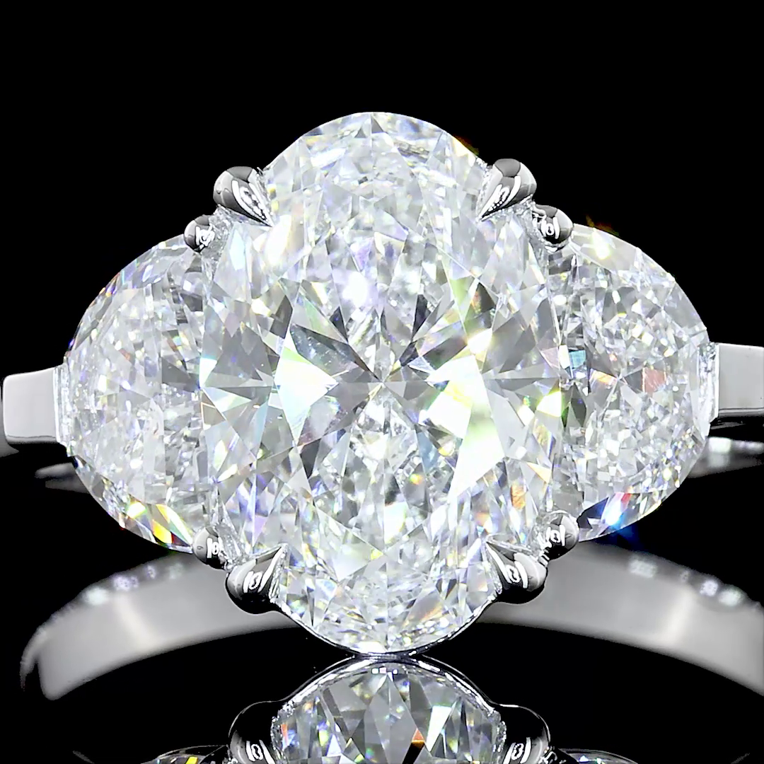 Lab-Grown 2.81 Carat Oval E-SI1 Diamond 14K White Gold 3 Stones Ring