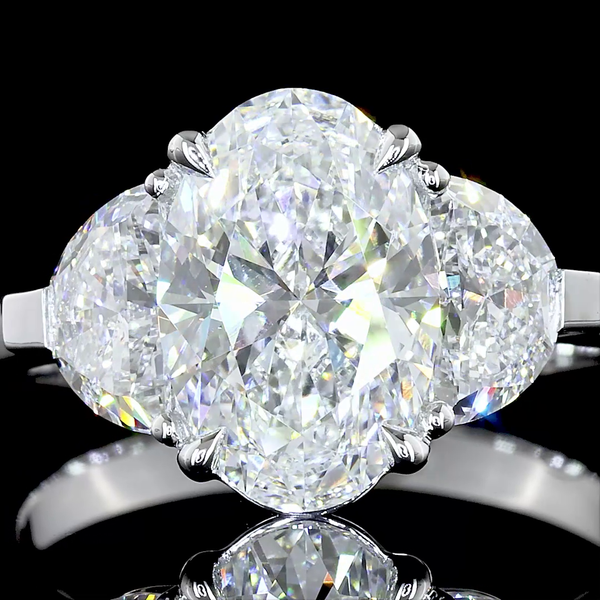 Lab-Grown 2.81 Carat Oval E-SI1 Diamond 14K White Gold 3 Stones Ring