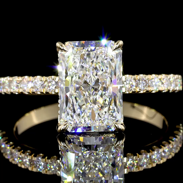 Lab-Grown 2.37 Carat Radiant E-VS1 Diamond 14K Yellow Gold Hidden Halo Ring