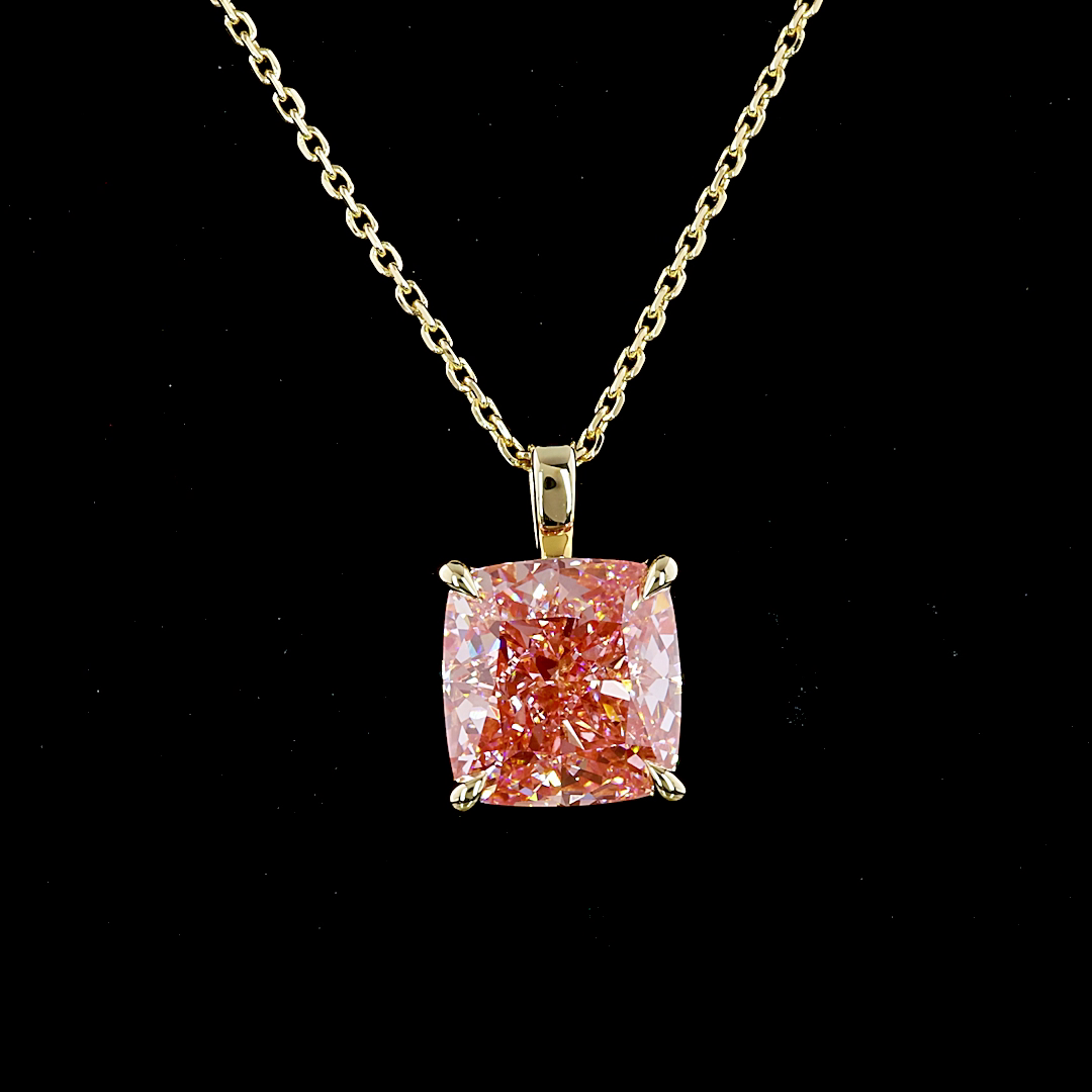 Lab-Grown 3.56 Carat Cushion Brilliant Fancy Vivid Pink-VS1 Diamond 14K Yellow G