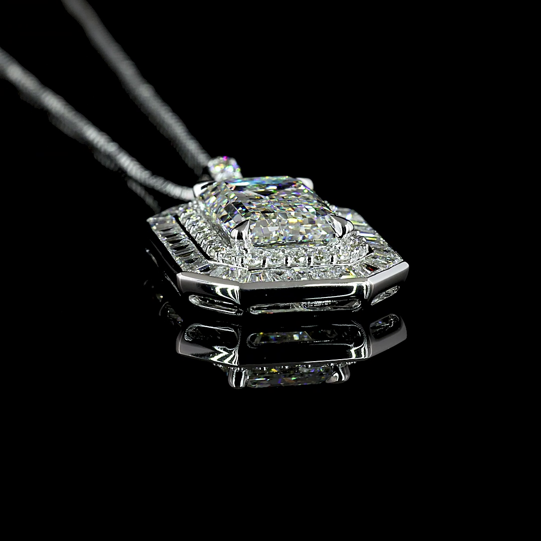 Lab-Grown 6.9 Carat MIX E-VS1 Diamond 9K White Gold - 14K White Gold Double Halo Pendant