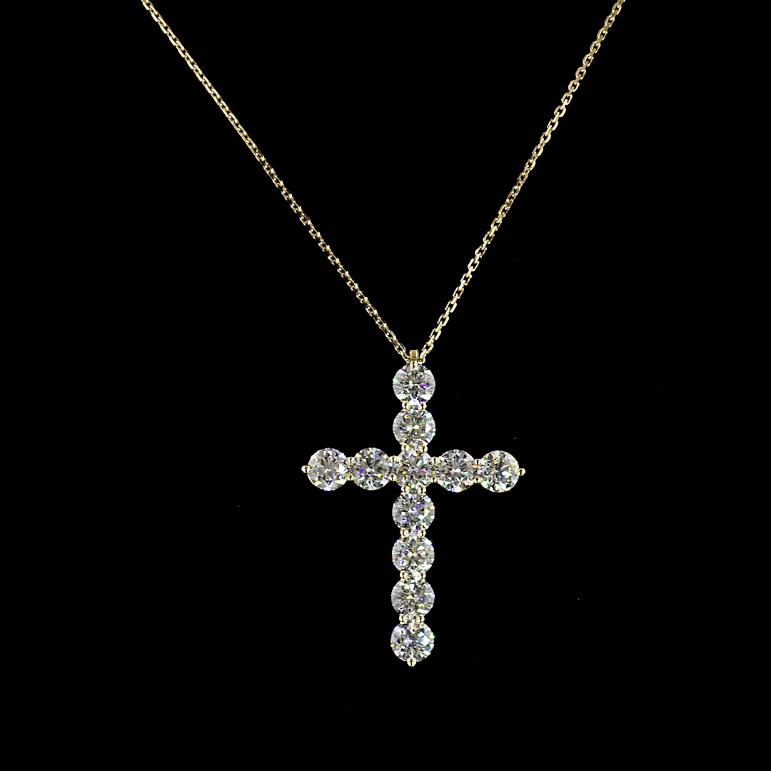 Lab-Grown 3.05 Carat Round E-F-VS2 Diamond 14K Yellow Gold Cross Pendant