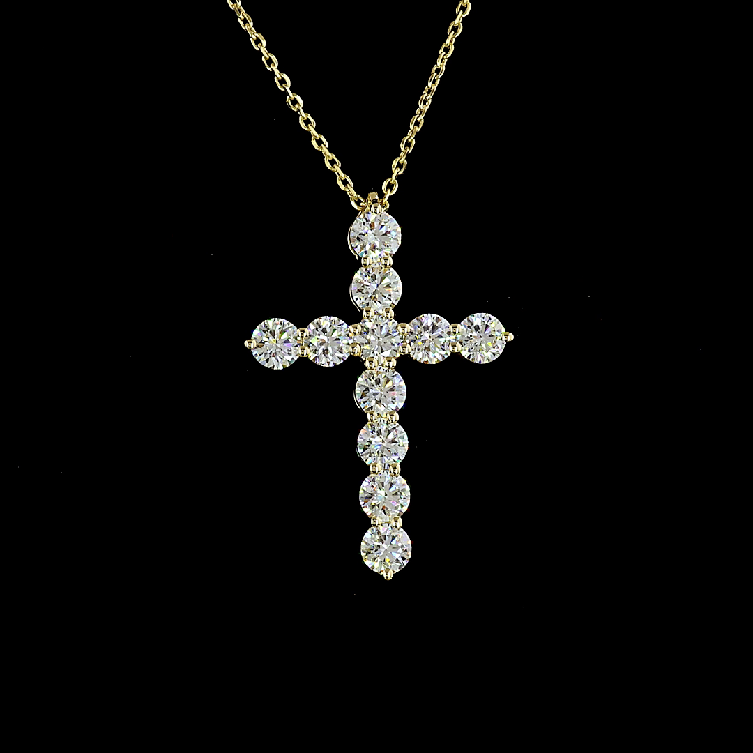 Lab-Grown 1.86 Carat Round E-VS1 Diamond 14K Yellow Gold Cross Pendant