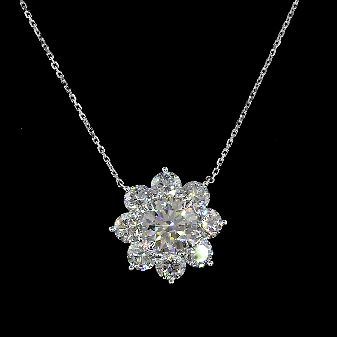 Lab-Grown 4.8 Carat Round D-VVS2 Diamond 14K White Gold Flower Pendant Necklace