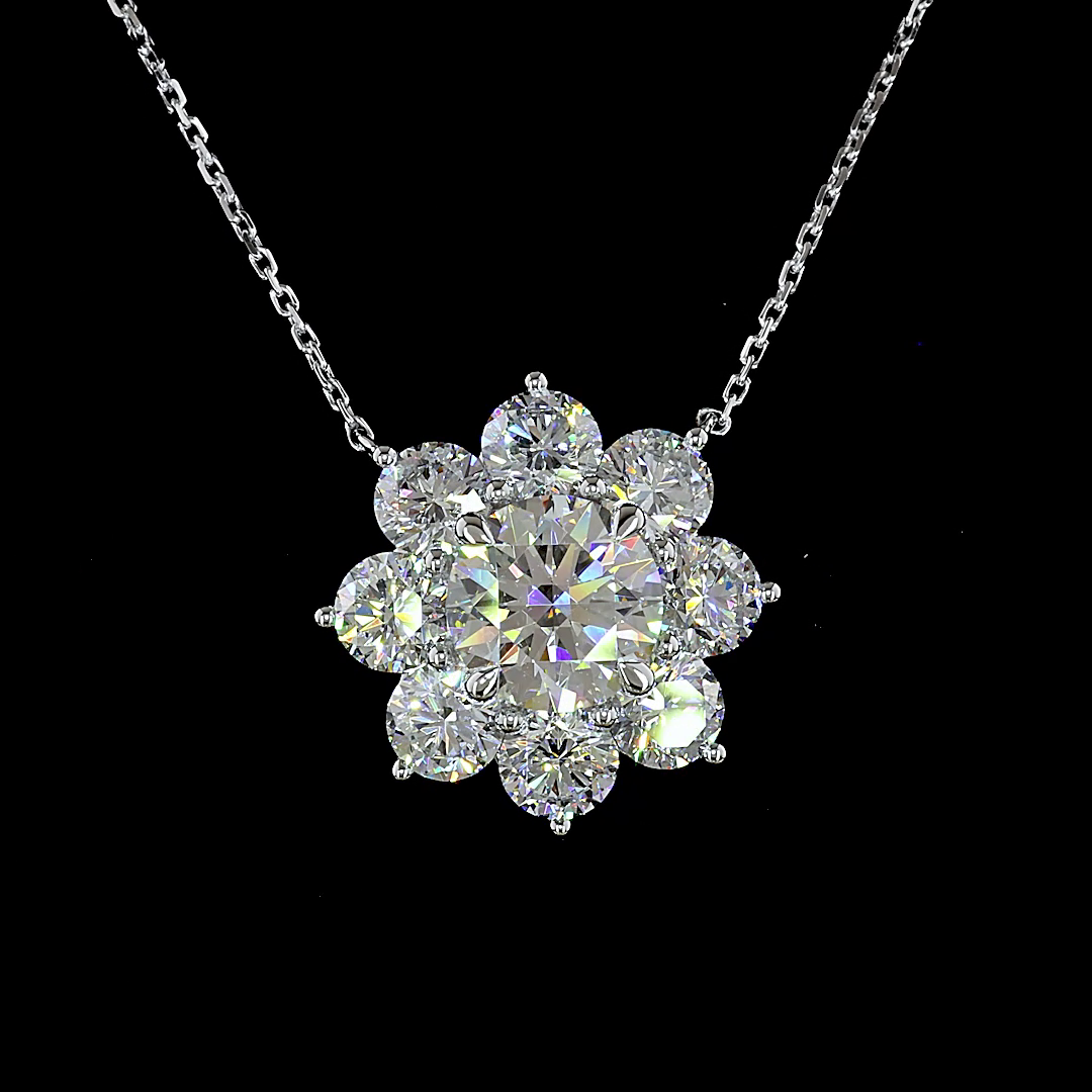 Lab-Grown 4.8 Carat Round D-VVS2 Diamond 14K White Gold Flower Pendant Necklace