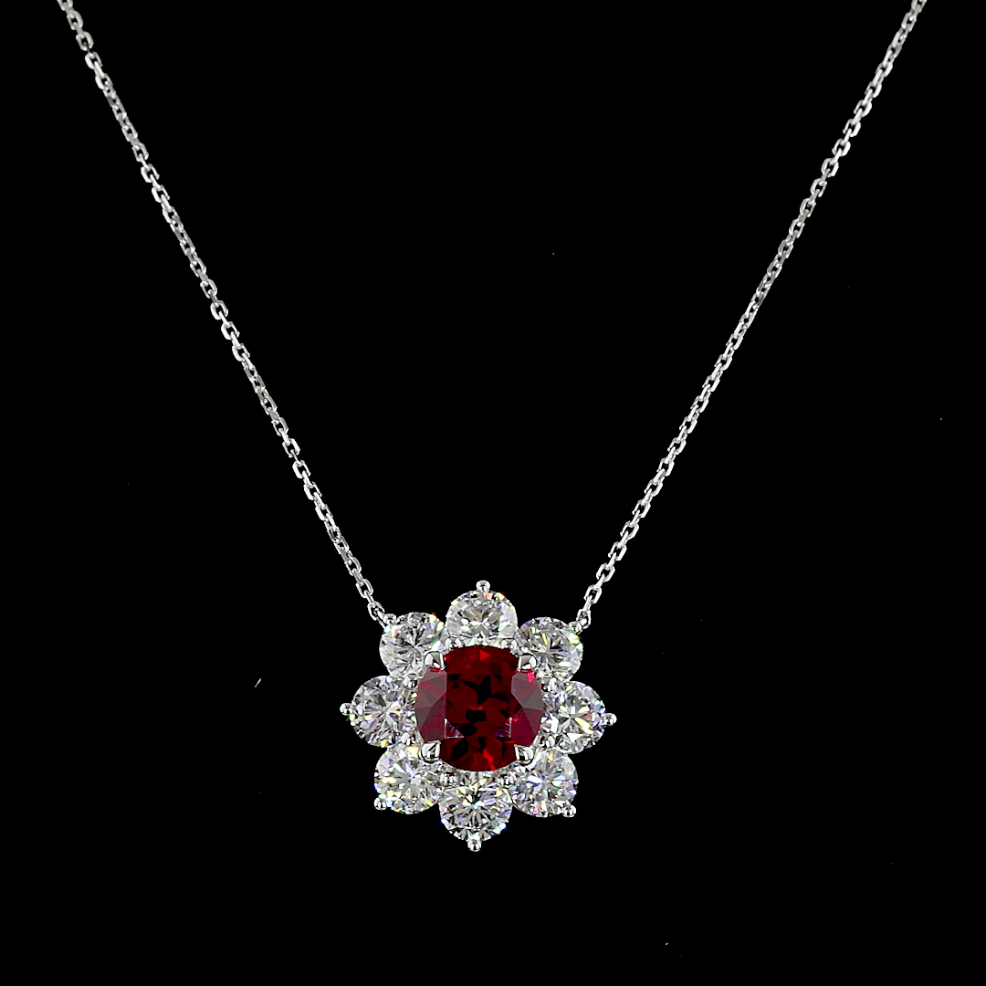 Lab-Grown 2.9 Carat Round Rubby-VS2 Diamond 14K White Gold Flower Pendant