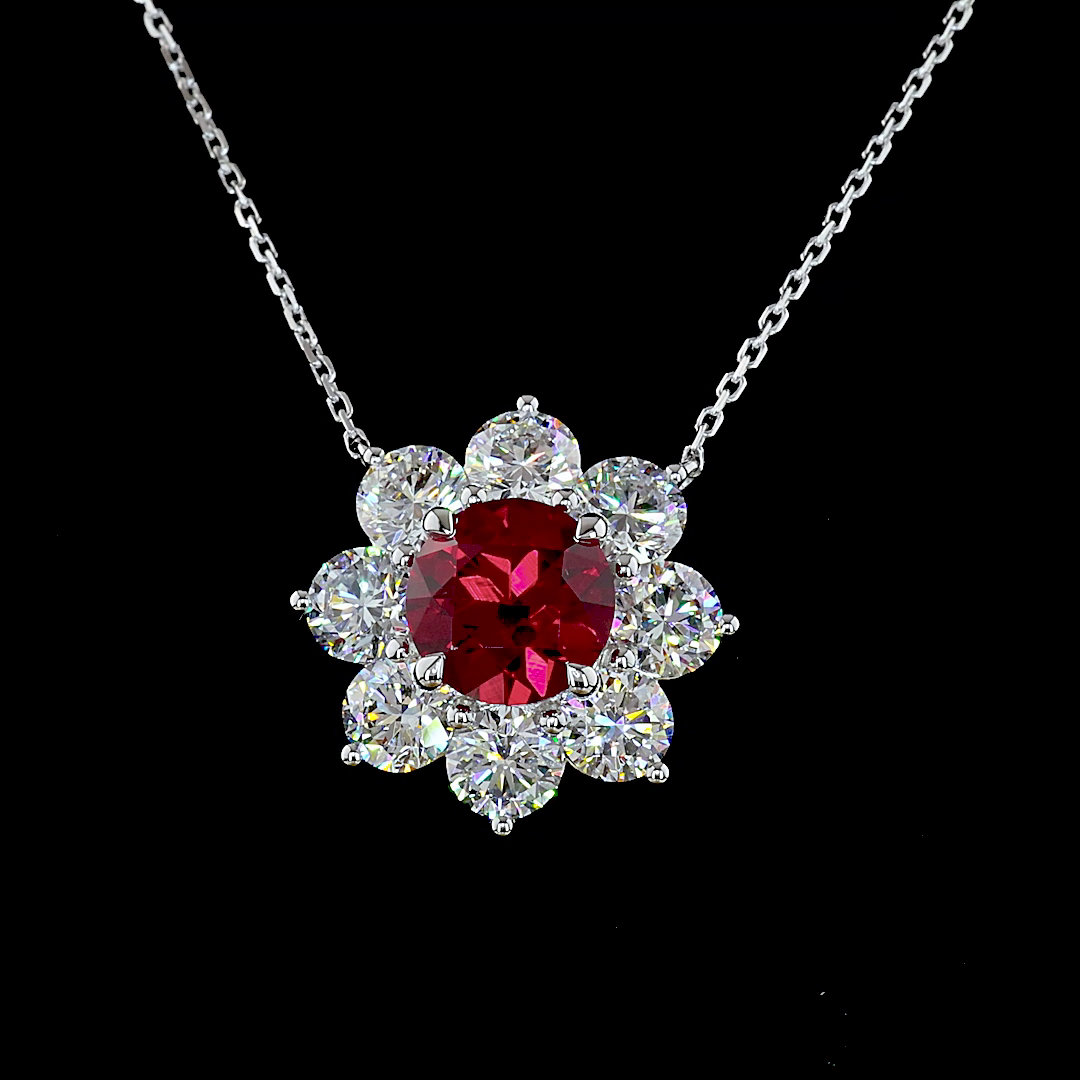 Lab-Grown 2.9 Carat Round Rubby-VS2 Diamond 14K White Gold Flower Pendant