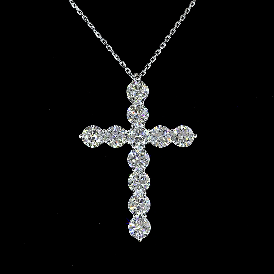 Lab-Grown 3.02 Carat Round F-VS2 Diamond 14K White Gold Cross Pendant Necklace