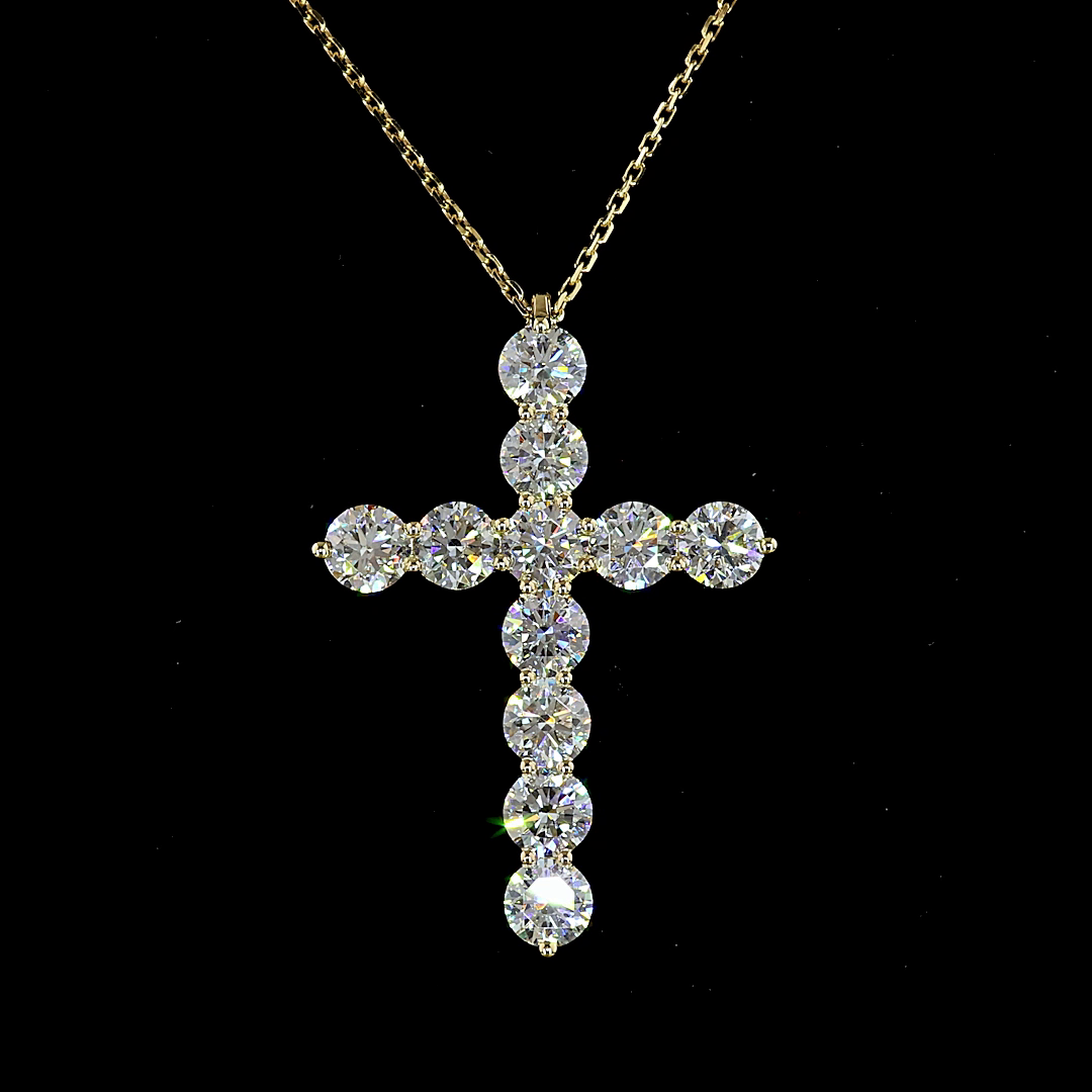 Lab-Grown 3.03 Carat Round G-SI1 Diamond 14K Yellow Gold Cross Pendant