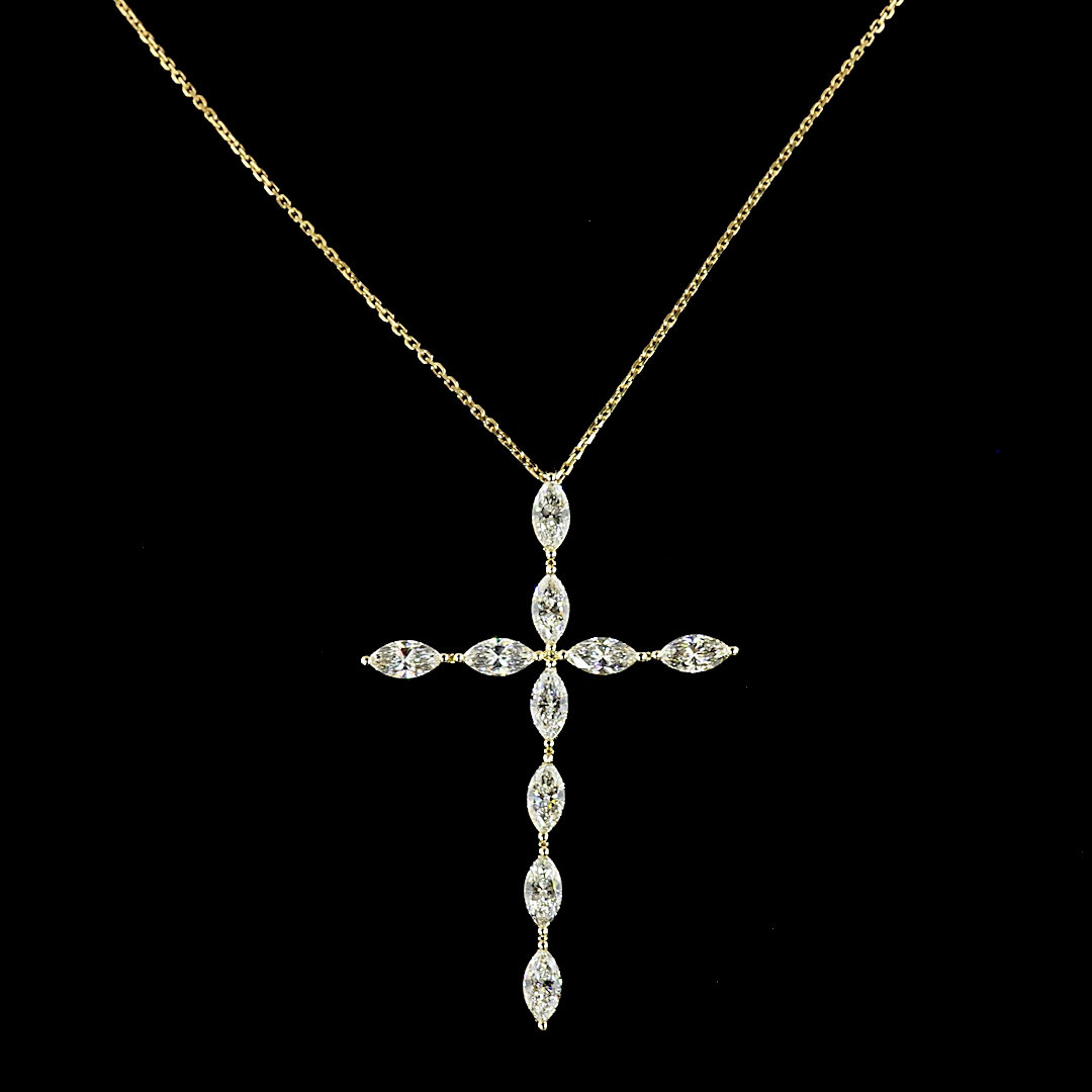 Lab-Grown 1.98 Carat Marquise E-F-VS1 Diamond 14K Yellow Gold Cross Pendant