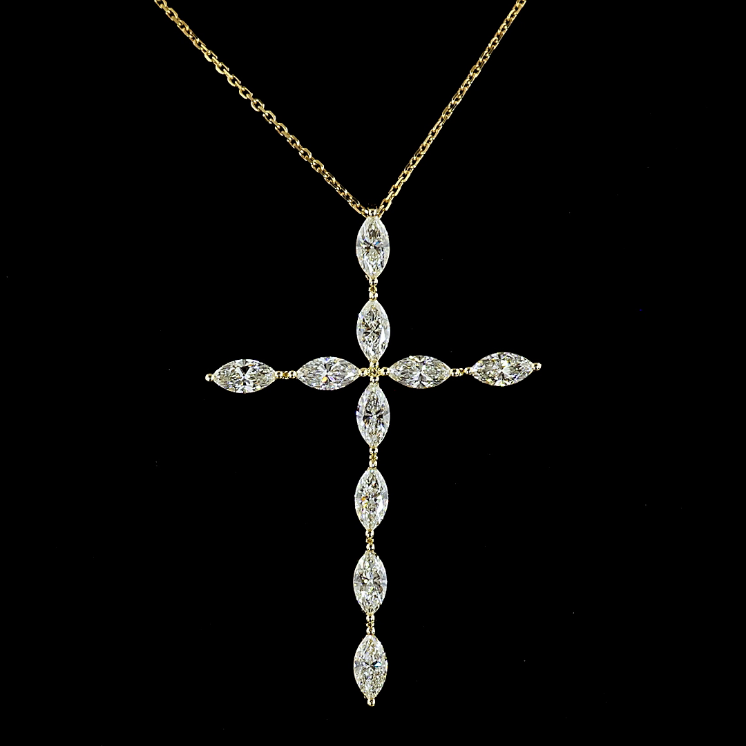 Lab-Grown 1.98 Carat Marquise E-F-VS1 Diamond 14K Yellow Gold Cross Pendant
