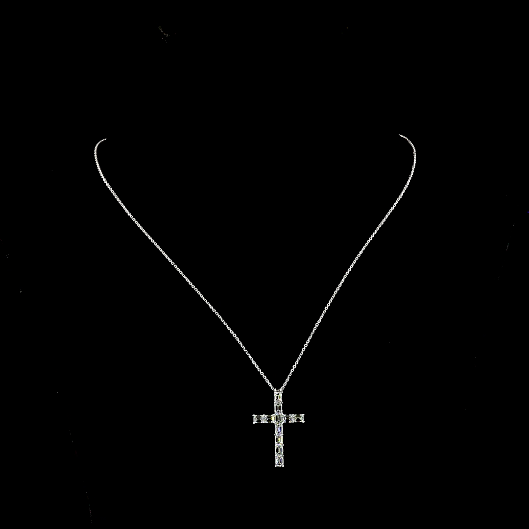 Lab-Grown 2.24 Carat Emerald E-F-VS+ Diamond 14K White Gold Cross Pendant