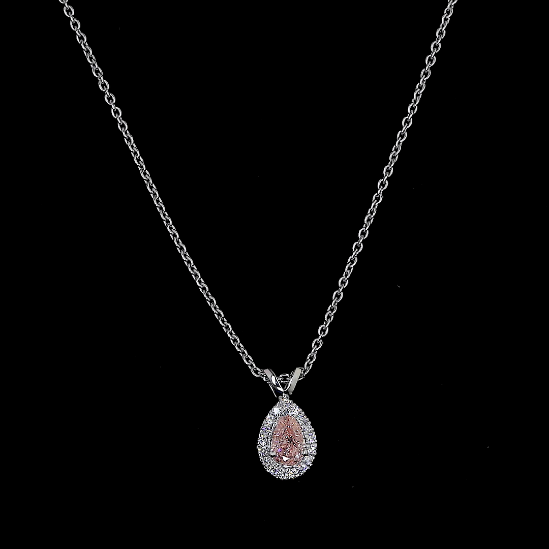 Lab-Grown 0.44 Carat Pear Fancy Orange-VS2 Diamond 14K White Gold Halo Pendant