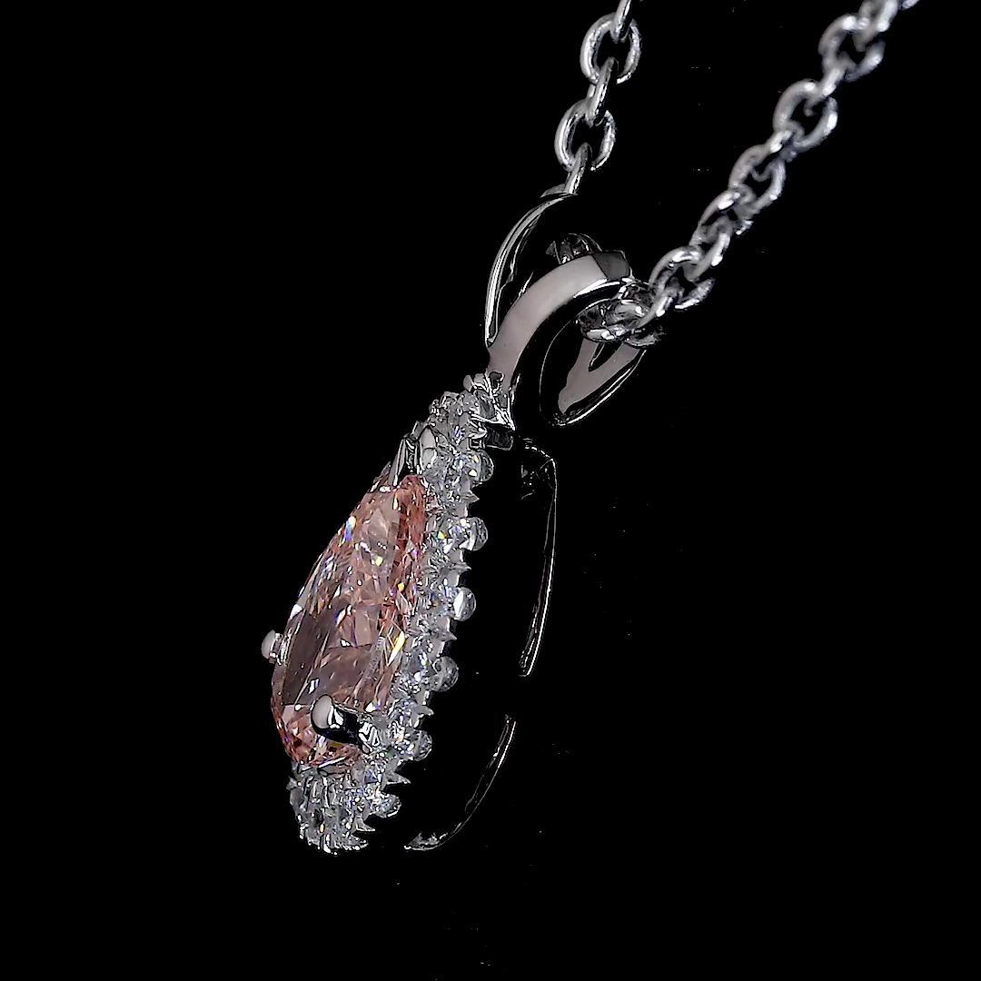 Lab-Grown 0.44 Carat Pear Fancy Orange-VS2 Diamond 14K White Gold Halo Pendant