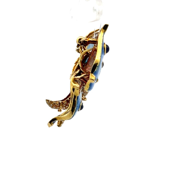 1.86 Carat Round Diamond 1.10 Carat Sapphire 18K Yellow Gold Pin Brooch