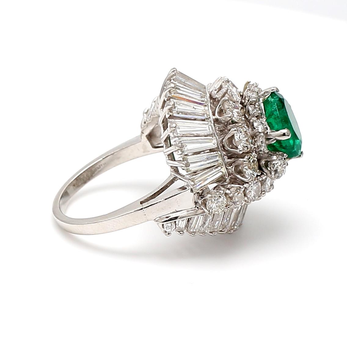 2.90 Carat H SI1 Diamond 1.95 Carat Oval Shape Emerald Platinum Ballerina Ring