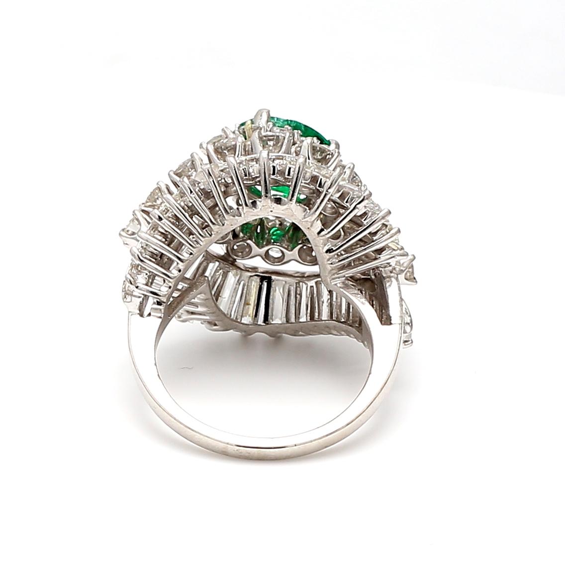 2.90 Carat H SI1 Diamond 1.95 Carat Oval Shape Emerald Platinum Ballerina Ring