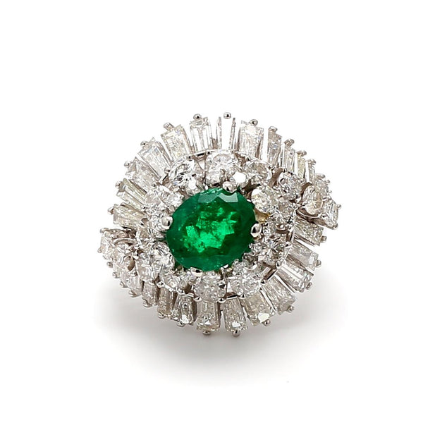 2.90 Carat H SI1 Diamond 1.95 Carat Oval Shape Emerald Platinum Ballerina Ring