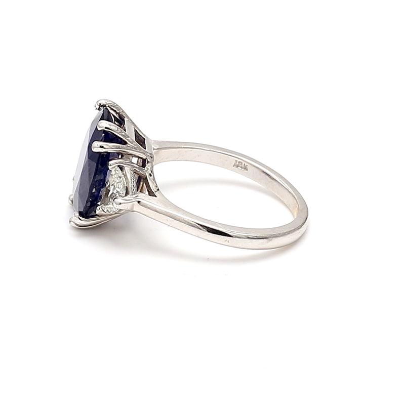 5.45 Carat Sapphire 0.70 Carat Half Moon Shape Diamond 18K White Gold Ring