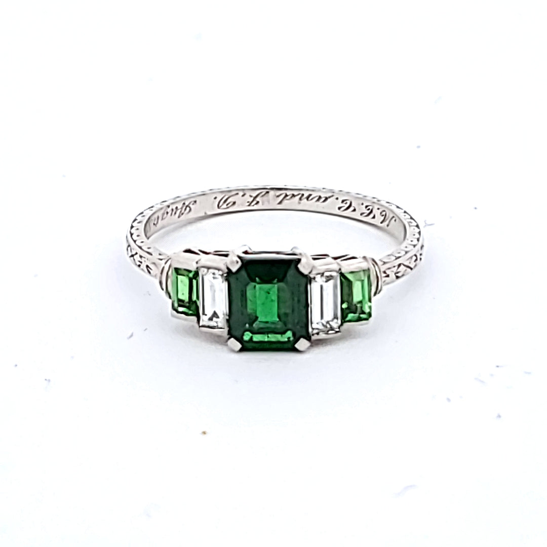 Tiffany & Co 2.60 Carat Emerald 1.60 Carat Emerald Cut Diamond Platinum Three-Stone Ring